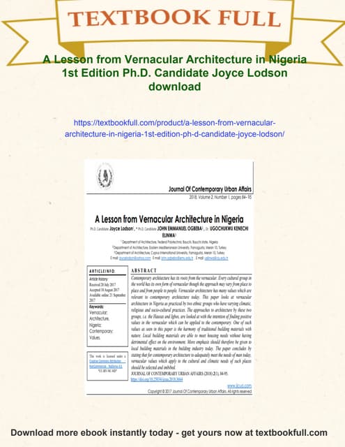 A Lesson from Vernacular Architecture in Nigeria 1st Edition Ph.D. Candidate ...