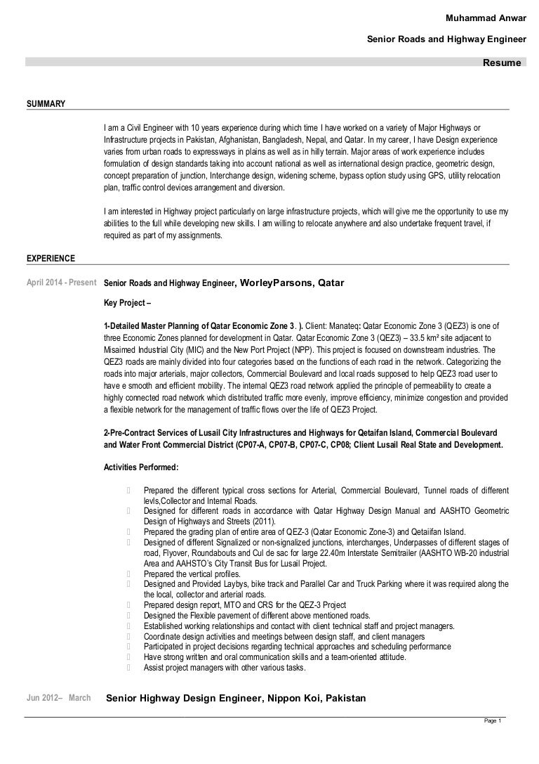 Resume Highway Engineer Resume cv updated m anwar