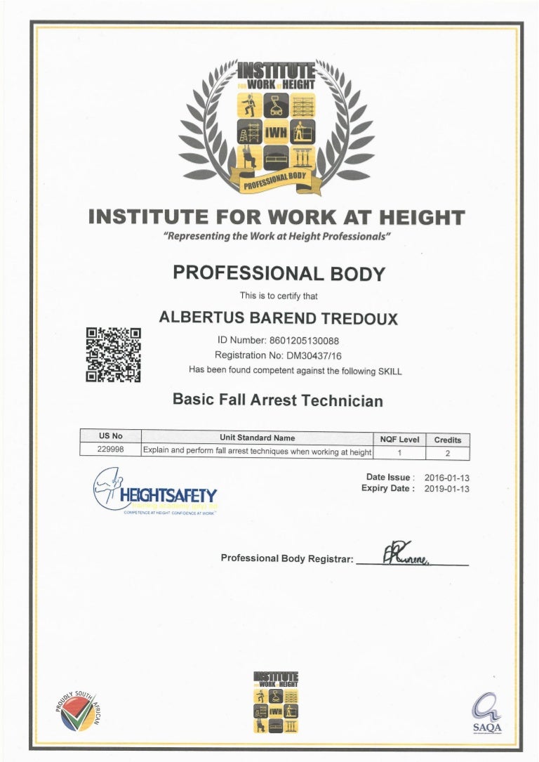 Basic Fall Arrest Technician certificate