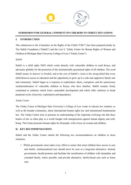 Talsky-Stahili Submission for General Comment on children in street situations