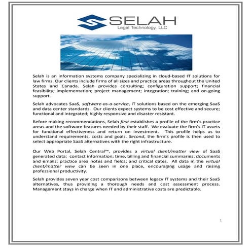 Selah Legal Technology - About the Company - March, 2015