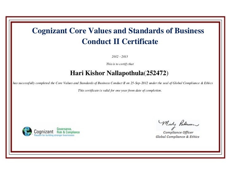 Core Values and Business Standards certificate