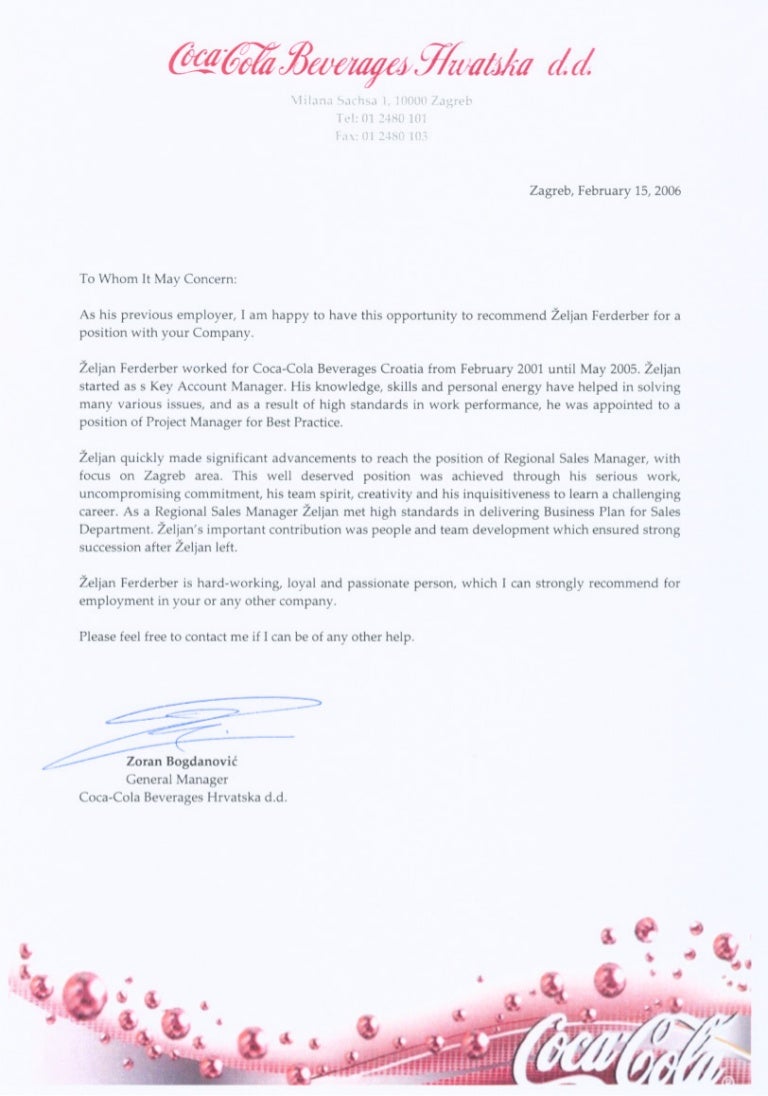 zeljan f recommendation letter coca cola letter of recommendation linkedin