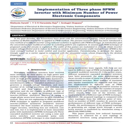 Implementation of Three phase SPWM Inverter with Minimum Number of Power Elec...