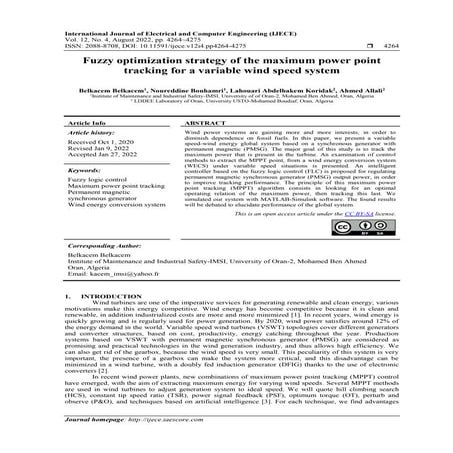 Fuzzy optimization strategy of the maximum power point  tracking for a variab...