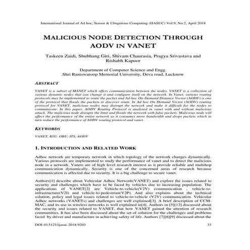 MALICIOUS NODE DETECTION THROUGH AODV IN VANET 