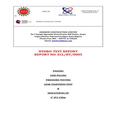Hydrotest REPORT FOR 4'' 158m Line.