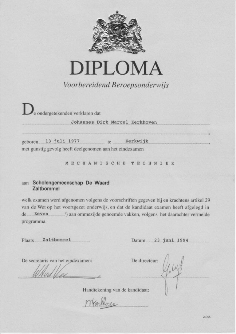 1994  Diploma  VBO CD Niveau Metaal