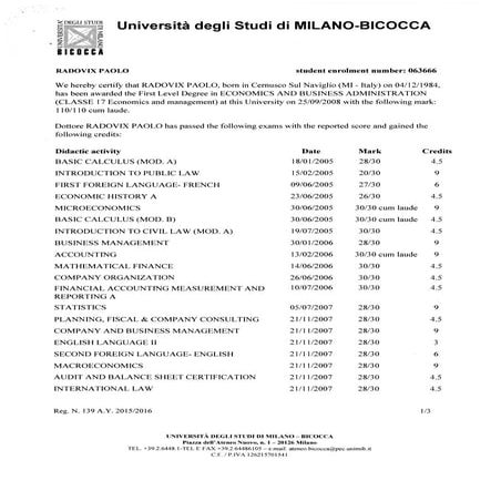 PAOLO RADOVIX - BSc BICOCCA - Official academic transcript | PDF