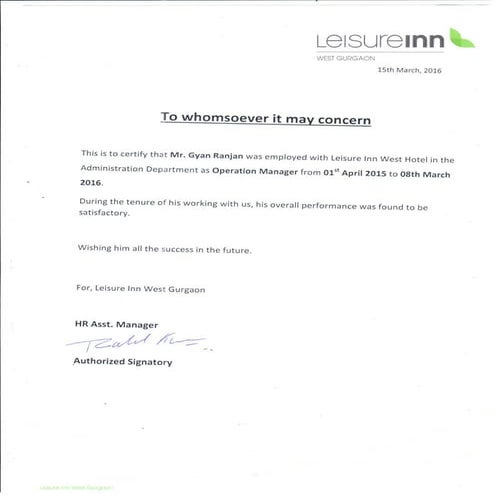 Experience Certificate