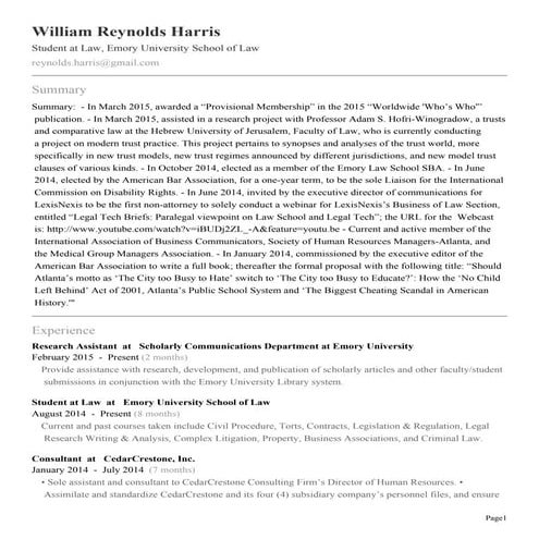 Professional Profile (William R. Harris) - as of 3.4.2015