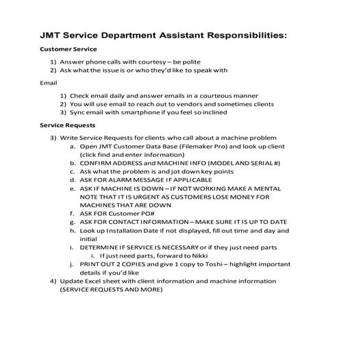 Service Department Assistant Role and Responsibilities | PDF