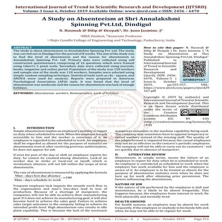 A Study on Absenteeism at Shri Annalakshmi Spinning Pvt.Ltd, Dindigul