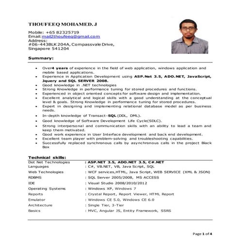 RESUME OF THOUFEEQ MOHAMED WITH 4 YRS OF EXP IN .NET