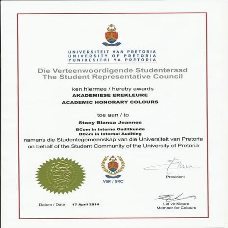 Jeannes - Stacy, Academic Honorary Colours - Cum Laude