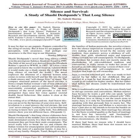 Silence and Survival A Study of Shashi Deshpande’s That Long Silence