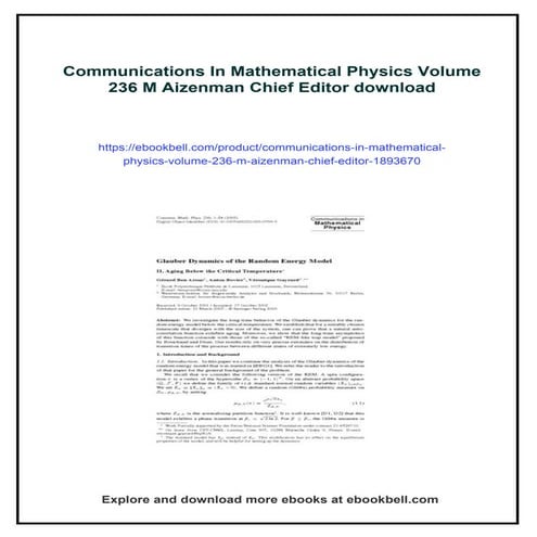 Communications In Mathematical Physics Volume 236 M Aizenman Chief ...