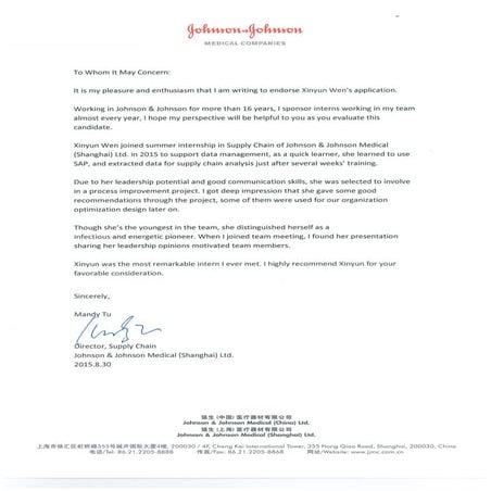Recommendation letter - Johnson & Johnson | PDF
