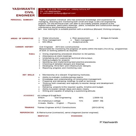 2 btech civil engineer resume