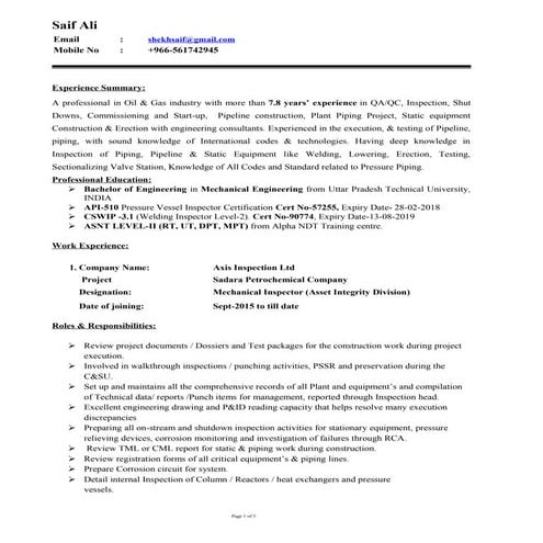 SUPERVISOR CV for ONSHORE and OFFSHORE MECHANICAL, MANTENANCE ...