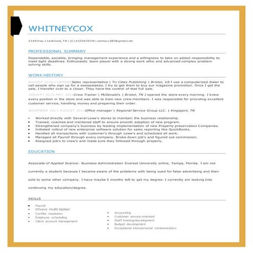 whitney cox resume