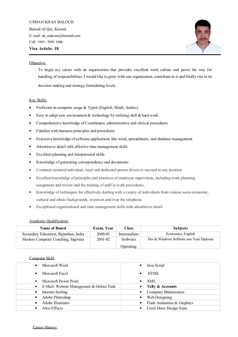 Contents of curriculum vitae picture