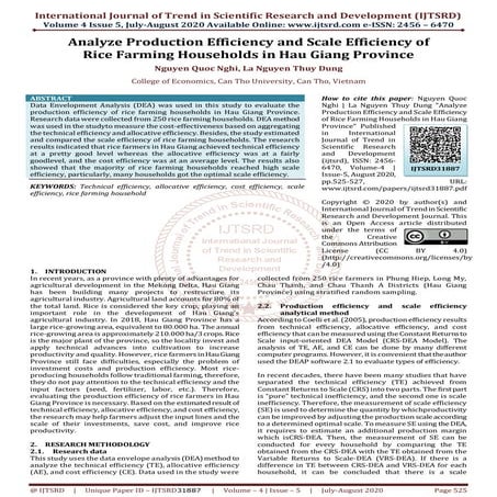 Analyze Production Efficiency and Scale Efficiency of Rice Farming Households...