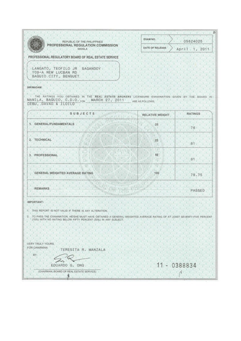PRC Rating on Real Estate Broker Teofilo Langato