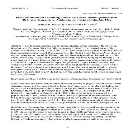 Mawdsley & Carter 2015 - DC Bombus pensylvanicus - The Maryland Entomologist ...