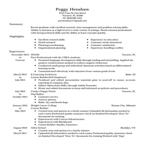 Peggy Henshaw Resume 2016