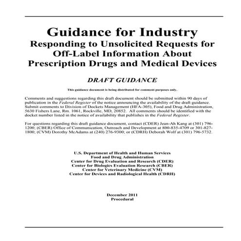 FDA Draft Guidance on Responding to Unsolicited Requests for Off-Label Drug Information