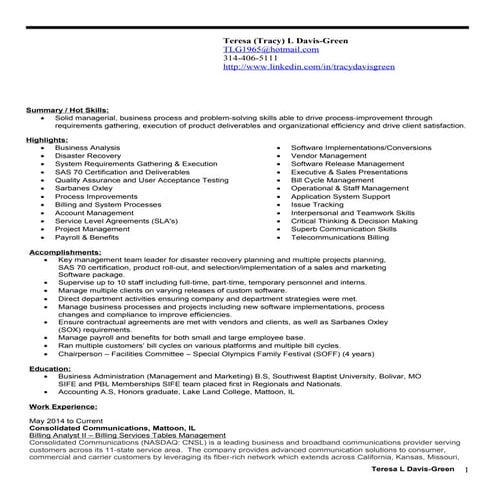 Teresa L Davis-Green Telecom Resume