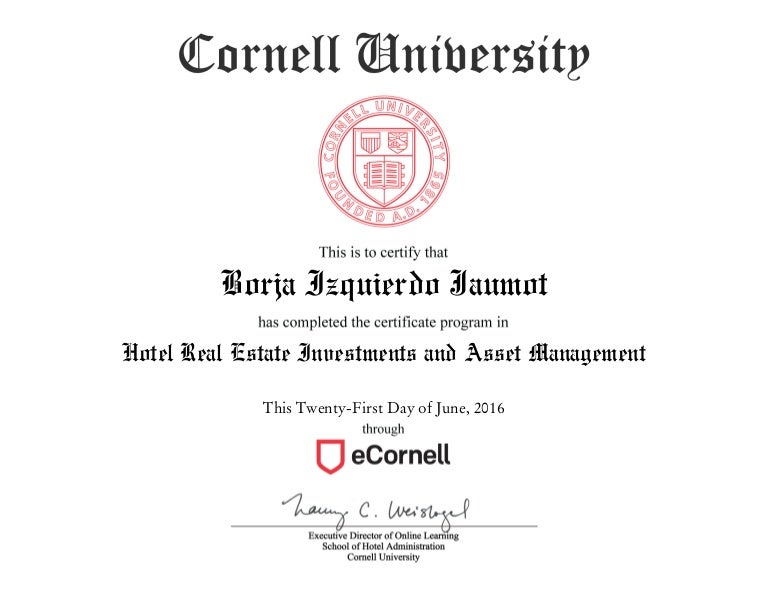 Certificate Hotel Real Estate Investment And Asset Management