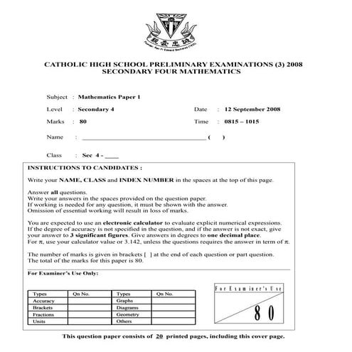 Catholic High Emath Paper1