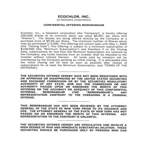 Ecochlor, Inc. Confidential Offering Memorandum | PDF