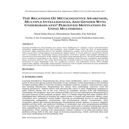 THE RELATIONS OF METACOGNITIVE AWARENESS, MULTIPLE INTELLIGENCES, AND GENDER ...