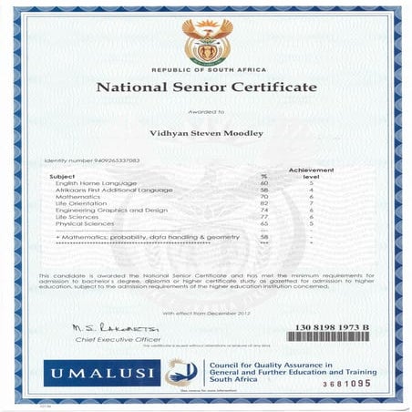 Matric Certificate - Vidhyan Moodley