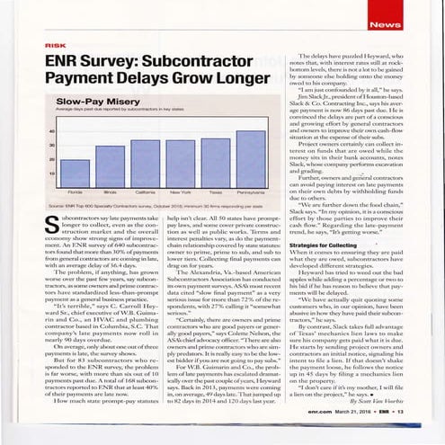 ENR Survey Article - Subcontractor Payment Delays Grow Longer (032116)