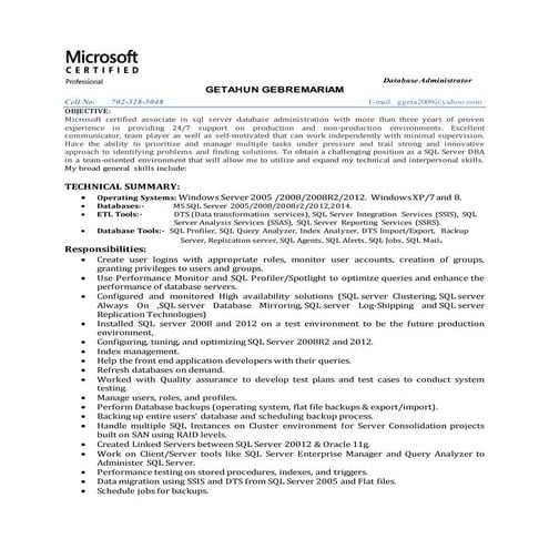 new resume of Database Administrator