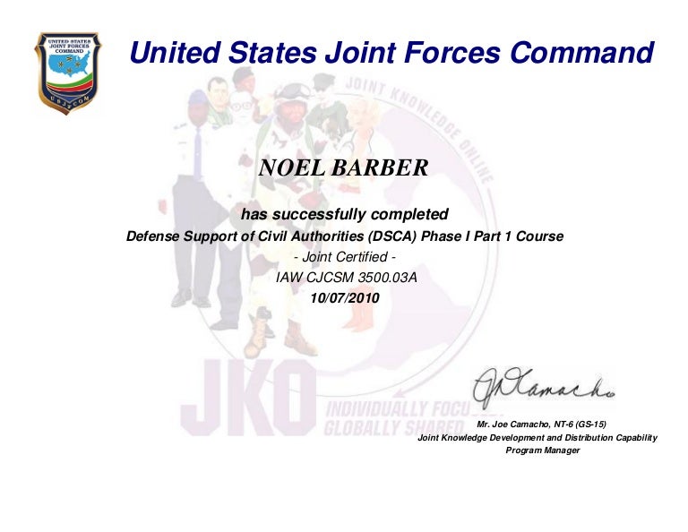 JKO DSCA Phase 1 Part 1 Certificate
