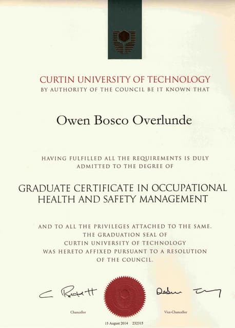 graduate certificate in occupational health and safety management