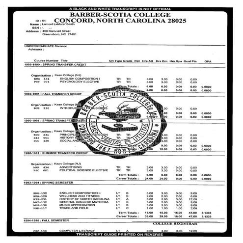 LaMont Smith Official Transcripts
