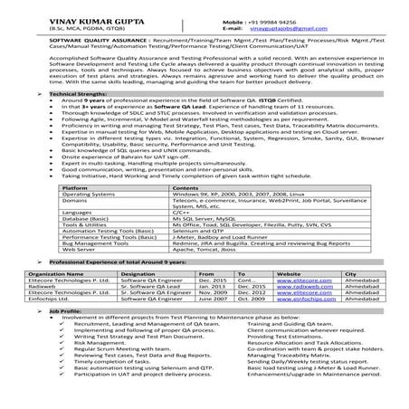 Vinay Gupta - Software QA Lead - Around 9 Years experience
