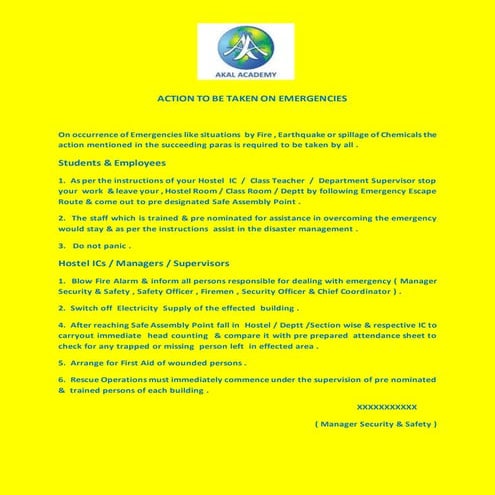 INSTRUCTIONS FOR EMERGENCIES - AKAL ACADEMY