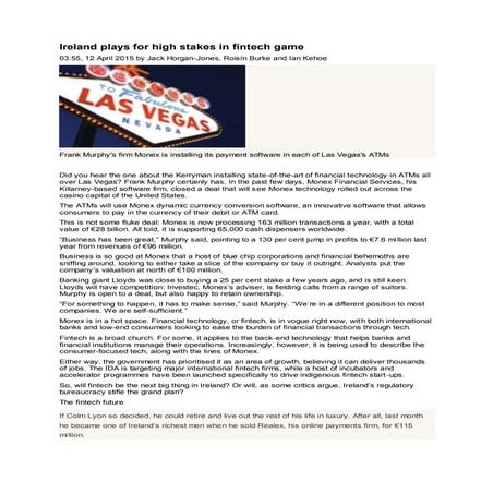 20150412 Sunday Business Post - Ireland plays for high stakes in fintech game