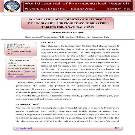 FORMULATION DEVELOPMENT OF METFORMIN HYDROCHLORIDE AND PIOGLITAZONE BILAYERED...