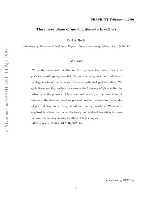 The phase plane of moving discrete breathers