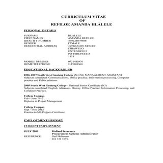 CURRICULUM VITAE Refiloe Hlalele 