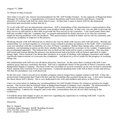 Ray Jaegers letter of recommendation | DOC