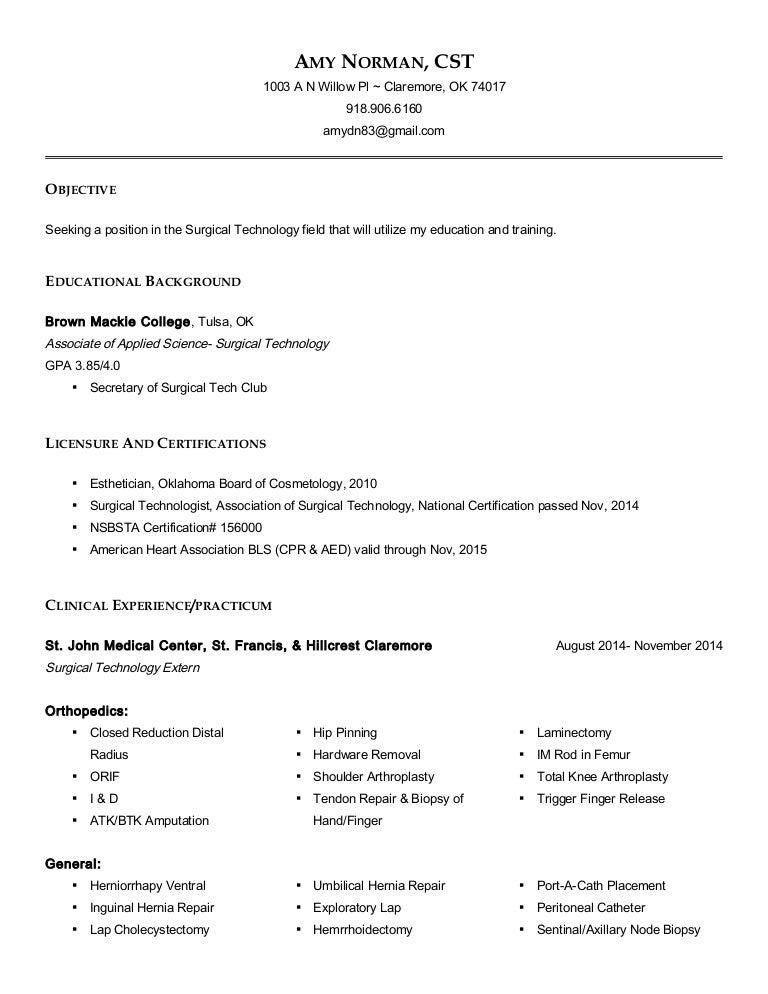resume for surgical technologist